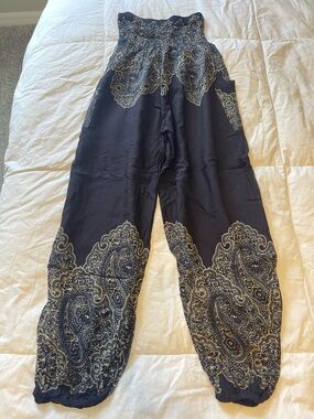 Black Smocked Waist Harem Pants